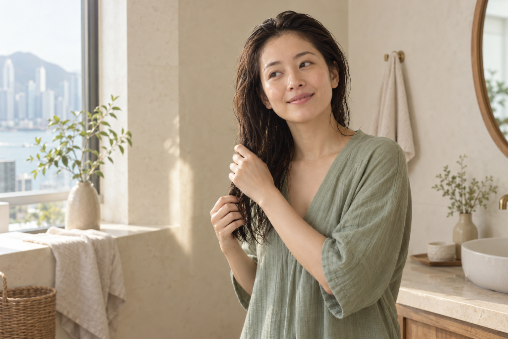 自然光下女士整理頭髮嘅 AI 生活情境示意圖